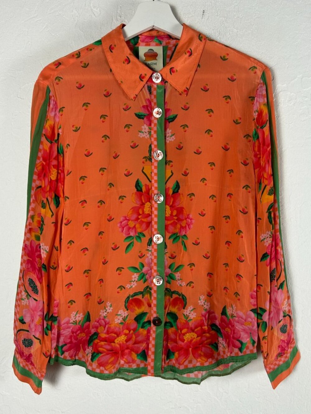 FARM Rio Women Orange Fruit Garden Scarf Long Sleeve Shirt Medium Button Up NWOT